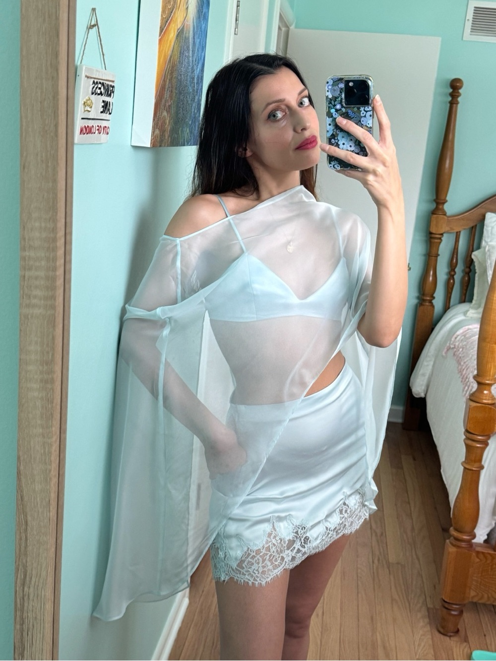 Meshki Nina Lace and Satin 3pc Set in Ice Blue XS, XXS NEW.